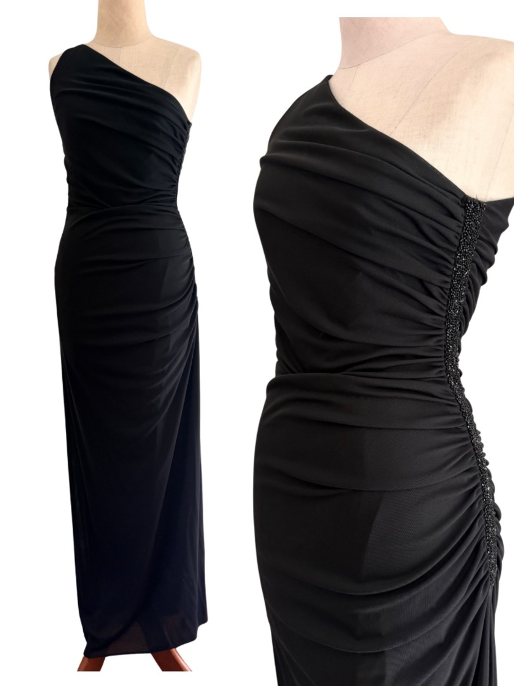 VTG Laundry One Shoulder Beaded Slit Hem Mesh Lined Maxi Dress Black Gown Ruched
